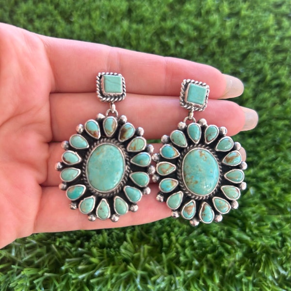 Soft Green Kingman Turquoise Cluster Earrings Handmade by Navajo Linda Yazzie