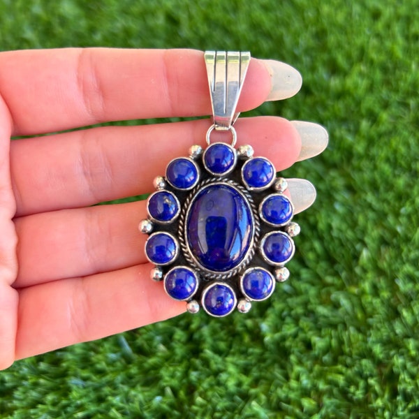 Lapis Lazuli Sterling Silver Cluster Pendant Handmade by Navajo Linda Yazzie