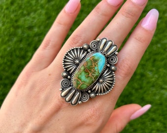 Gem Grade Royston Turquoise LG Oval Museum Ring Handmade Navajo Derrick Gordon