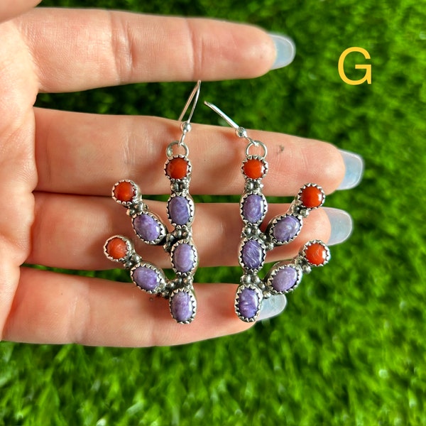 LG Prickly Pear Cactus Earrings GHI Purple Charoite Handmade Navajo Linda Yazzie