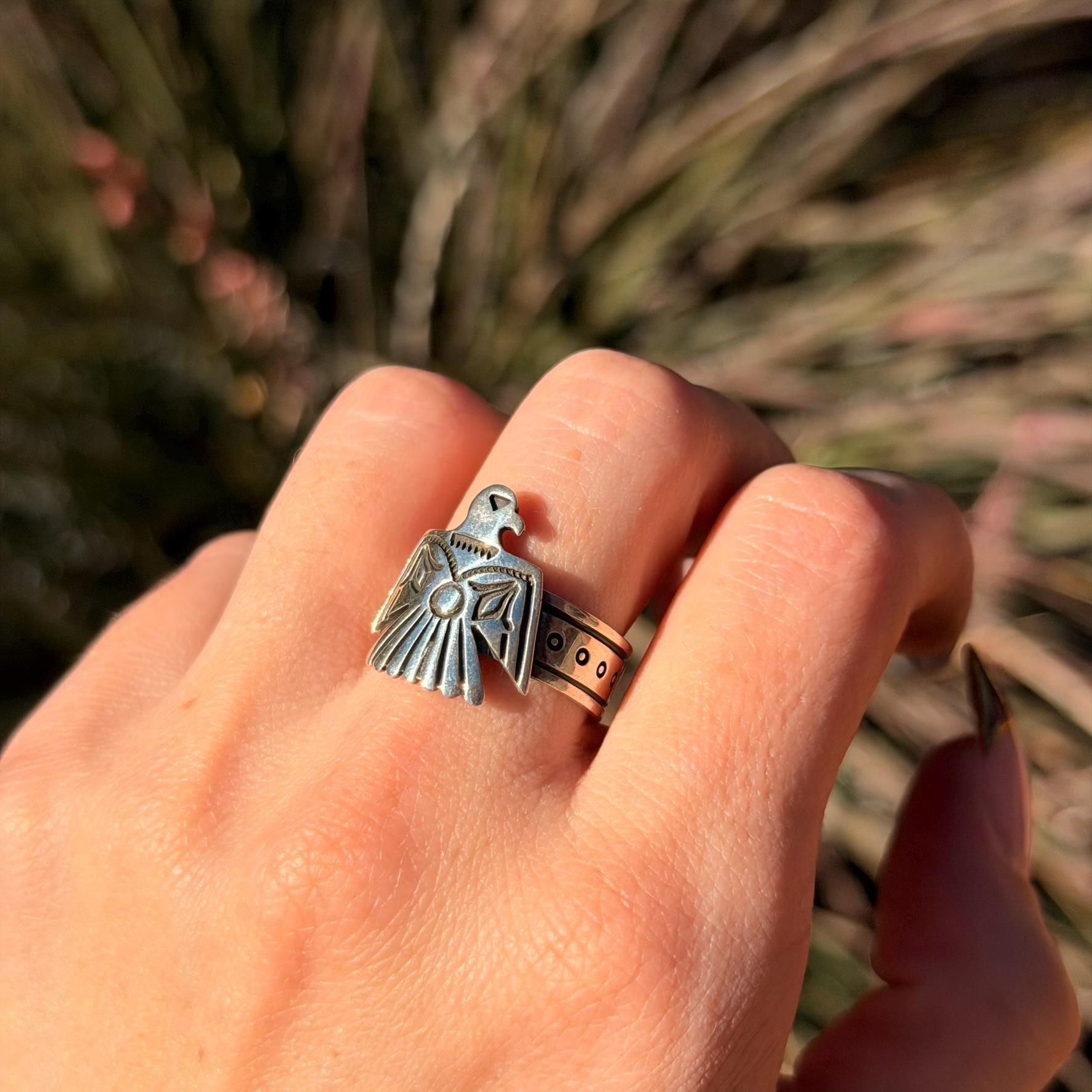 Sterling Silver Thunderbird Stampwork Ring Vintage Navajo Handmade