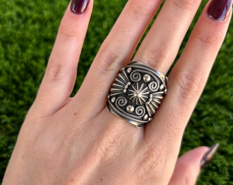 Size 8 Sterling Silver Elaborate Appliqué Ring Handmade by Navajo Delbert Gordon