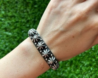 Star Stud Sterling Silver Cuff Handmade by Navajo Happy Piasso - Multiple Sizes Available