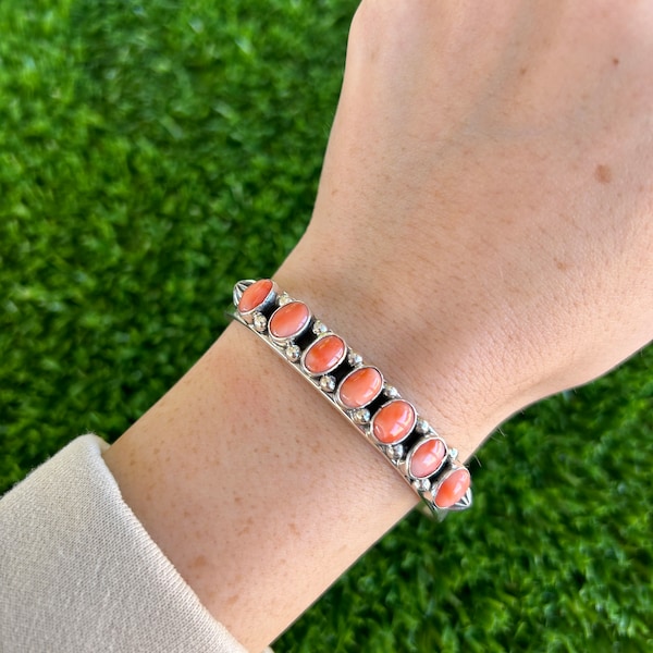 Pink Coral 7-Stone Row Stacker Cuff Handmade by Navajo Linda Yazzie