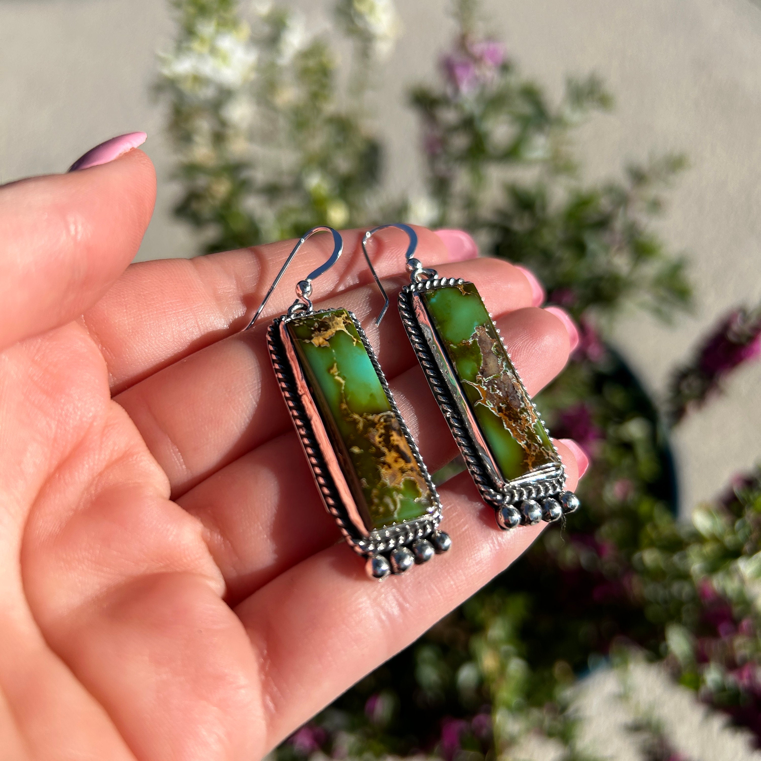 Gem Grade Royston Turquoise Emerald Earrings Handmade by