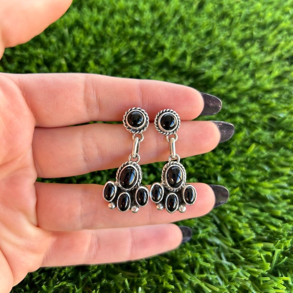 Black Onyx Drop Stud Earrings Handmade by Navajo Linda Yazzie