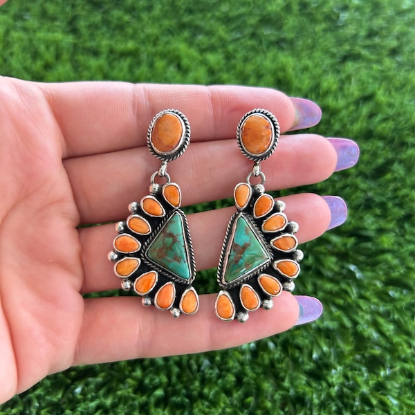 Gem Grade Royston & Orange Spiny Oyster Earrings Handmade by Navajo Linda Yazzie