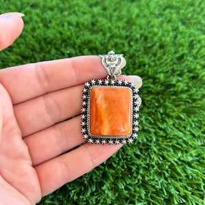 Orange Spiny Oyster Shell Rectangle Shot Pendant Handmade by Navajo Happy Piasso