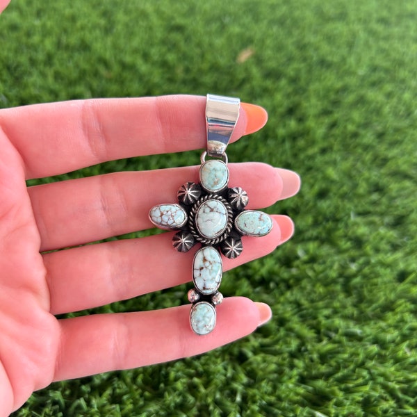 Dry Creek Turquoise Mini Cross Pendant 3 Handmade by Navajo Linda Yazzie