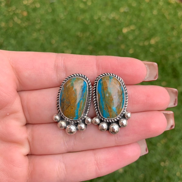 Peruvian Opal Blue Straited Chocolate Stud Earrings Handmade Navajo Linda Yazzie