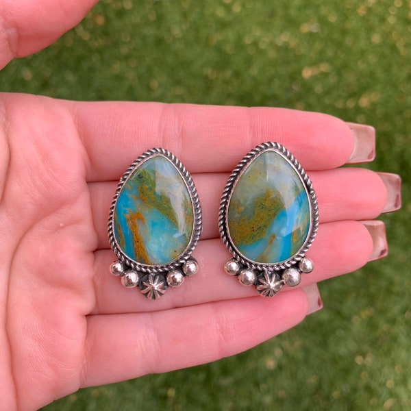 Peruvian Opal Teardrop Stud Earrings Handmade Navajo Linda Yazzie