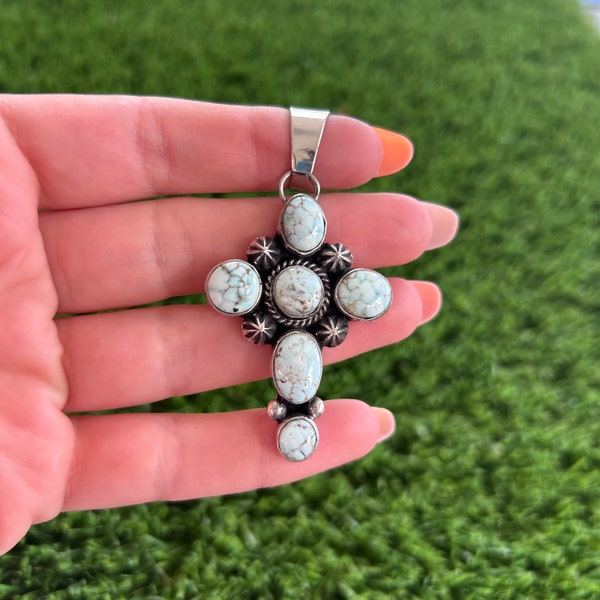 Dry Creek Turquoise Mini Cross Pendant 2 Handmade by Navajo Linda Yazzie