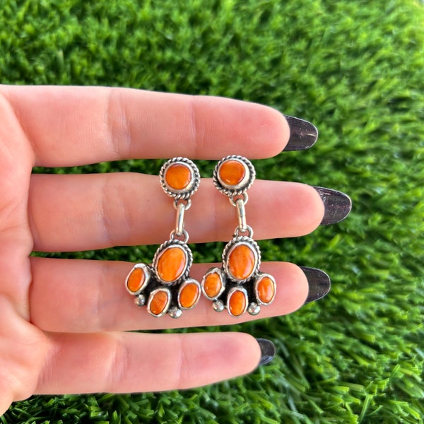 Natural Orange Spiny Oyster Drop Stud Earrings Handmade by Navajo Linda Yazzie