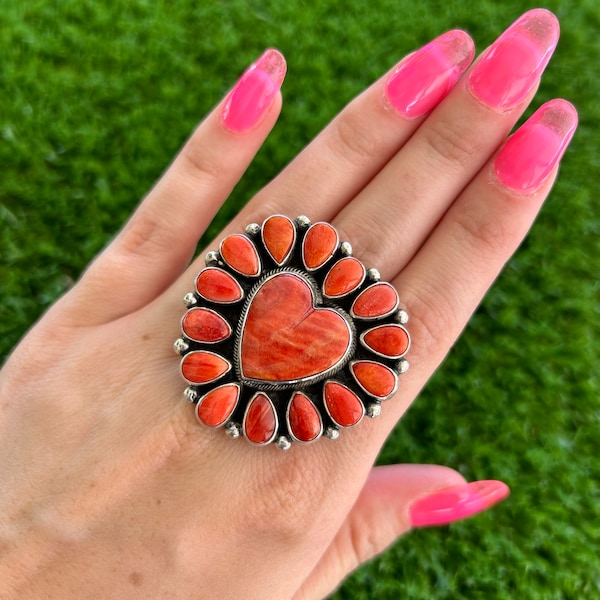 Adjustable Red-Orange Spiny Oyster Heart Ring Handmade by Navajo Linda Yazzie