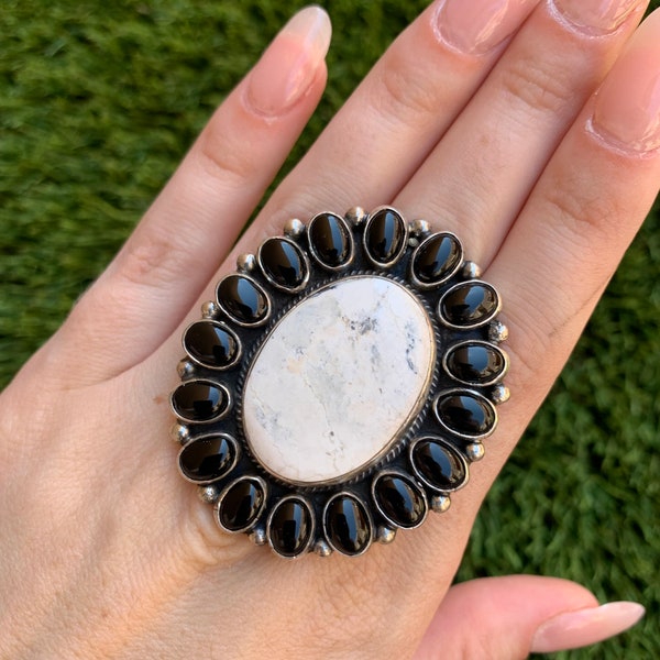 White Buffalo and Onyx Oversized Cluster Ring Handmade by Navajo Linda Yazzie