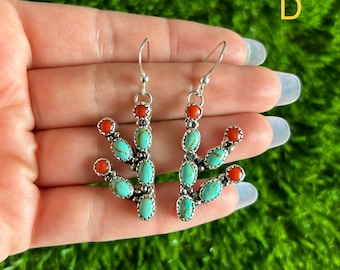 SM Prickly Pear Cactus Earrings DEF Kingman Turq & Coral Handmade Navajo Linda Yazzie