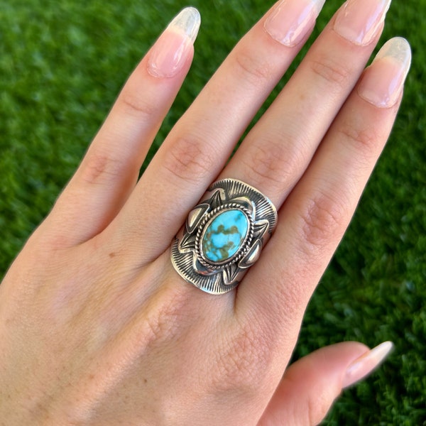 Kingman Turquoise Stamped Cigar Band Tapered Ring Handmade Navajo Derrick Gordon