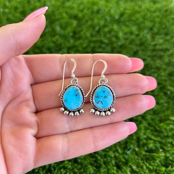 High Grade Kingman Turquoise Dangle Earrings 2 Handmade by Navajo Linda Yazzie