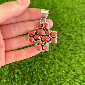 Italian Coral Drop &Cluster Cross Silver Pendant Handmade Navajo Geneva Apachito