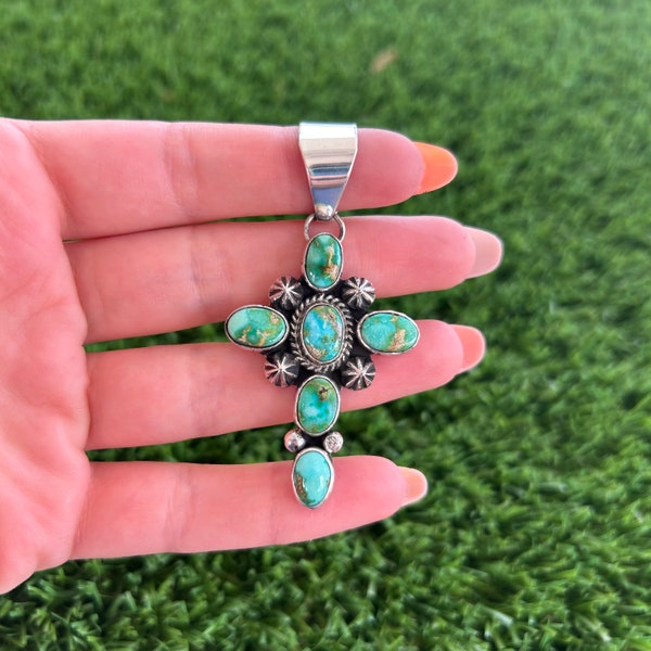 Sonoran Gold Turquoise Mini Cross Pendant 1 Handmade by Navajo Linda Yazzie