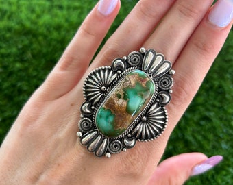 High Grade Royston Turquoise XL Oval Museum Ring Handmade Navajo Derrick Gordon