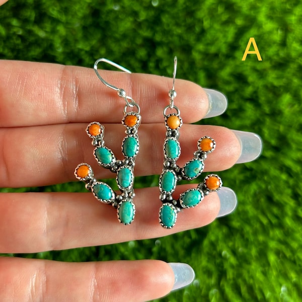 SM Prickly Pear Cactus Earrings ABC Kingman Turq & Spiny Handmade Navajo Linda Yazzie