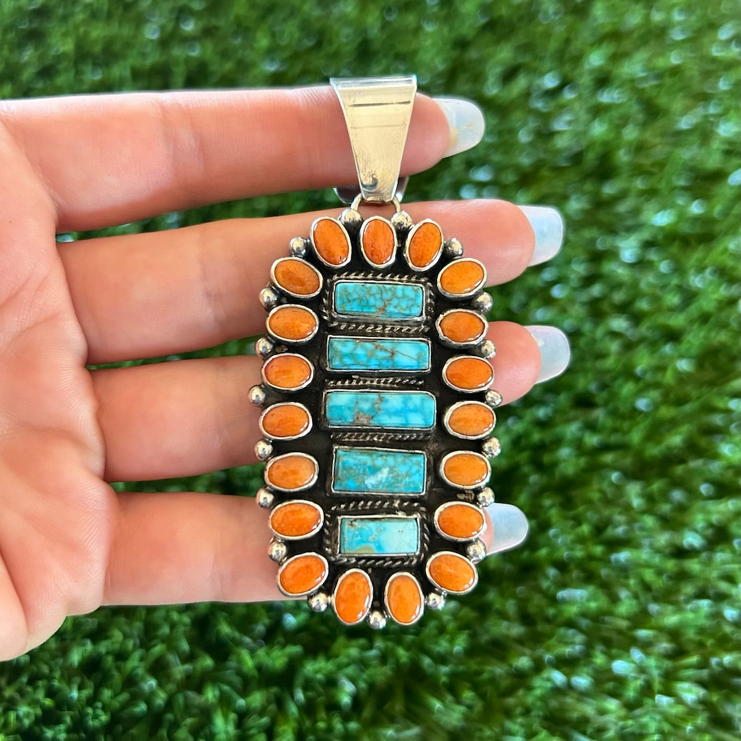 Kingman Turq & Spiny Oyster Totem Cluster Pendant Handmade Navajo Linda