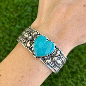 Kingman Turq S Heart Stampwork Stacker Cuff Handmade by Navajo Andy Cadman