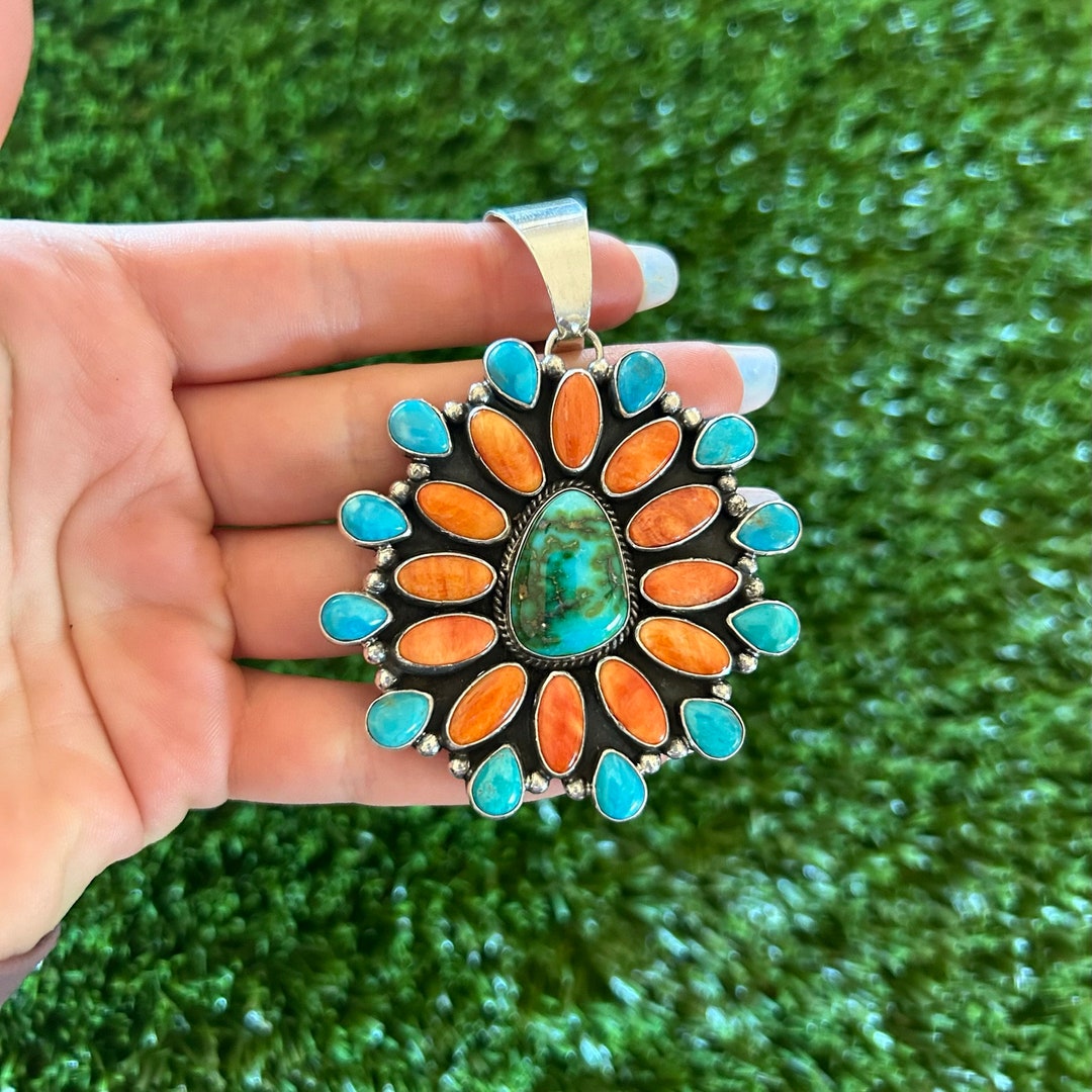 Sonoran Turq Spiny Oyster Sunlight Cluster Pendant Handmade Sonoran Turq Spiny Oyster Sunlight Cluster Pendant Handmade