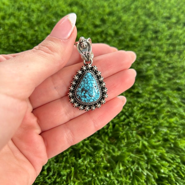 Kingman Spiderweb Turquoise Pear Shot Pendant Handmade by Navajo Happy Piasso