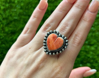 Natural Red-Orange Spiny Heart Shot Ring Handmade by Navajo Happy Piasso