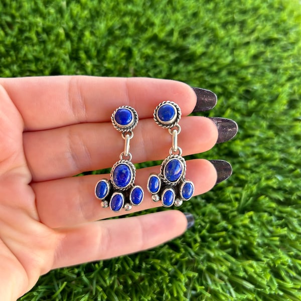 Natural Lapis Lazuli Drop Stud Earrings Handmade by Navajo Linda Yazzie