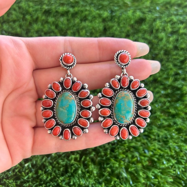 Kingman Turquoise & Italian Coral Cluster Earrings Handmade Navajo Linda Yazzie