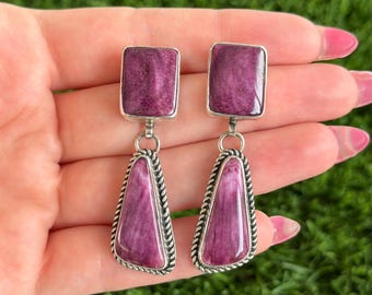 Purple Spiny Oyster Sterling Angular Dangle Earrings Handmade Navajo John Nelson