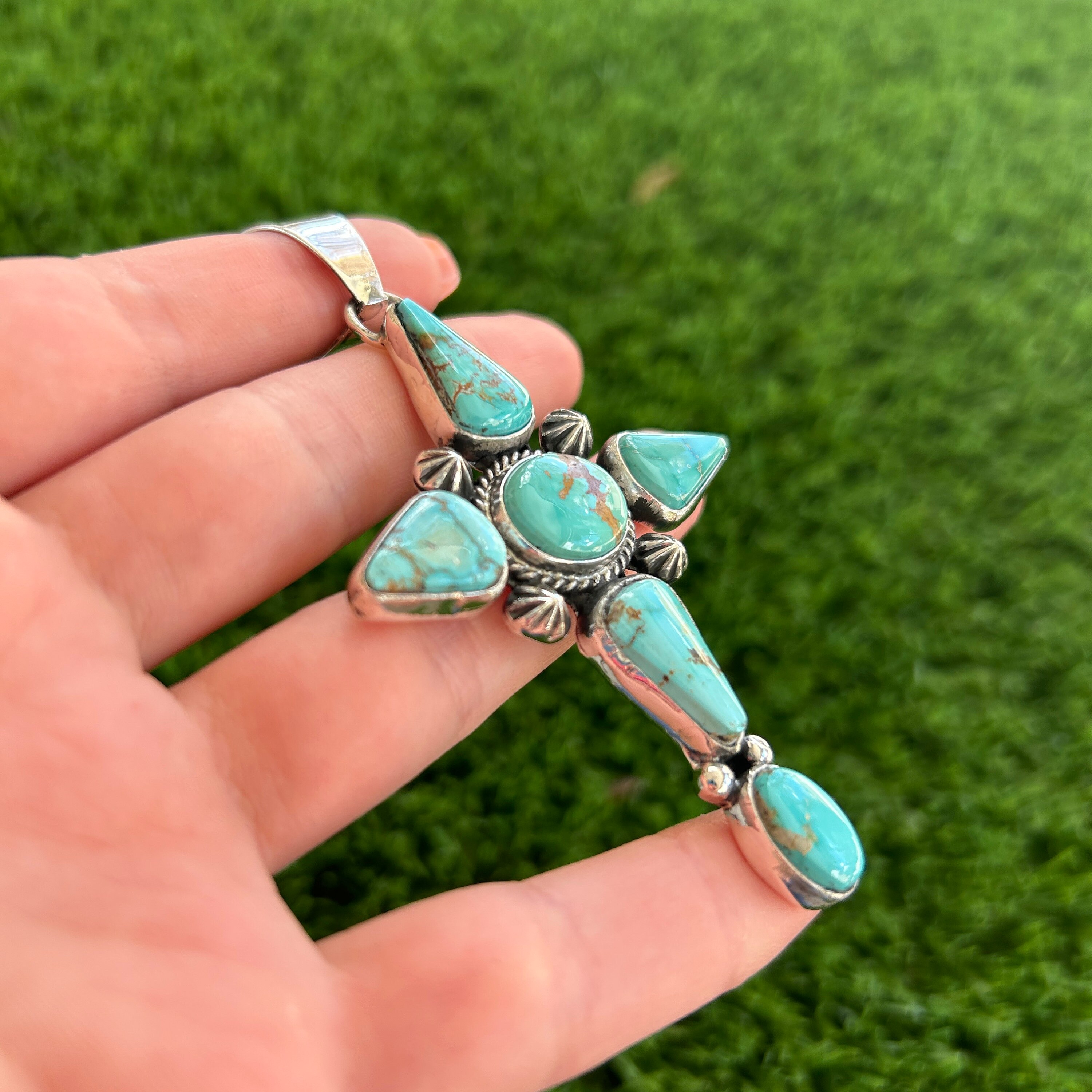 ターコイズ LFC×Linda Yazzie Royston Seafoam Green Royston Turquoise Cross Pendant Handmade by
