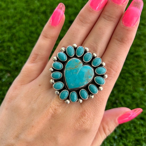 Adjustable Kingman Turquoise Heart Cluster Ring Handmade by Navajo Linda Yazzie