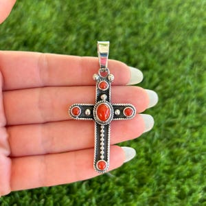 Natural Red Coral Bead & Twistwire Cross Pendant Handmade Navajo Geneva Apachito