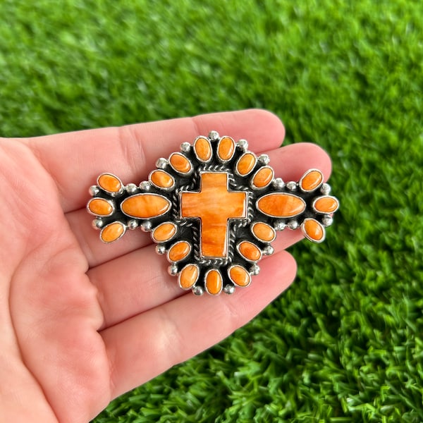 Orange Spiny Oyster Shell Cross Cluster Pin Handmade by Navajo Linda Yazzie