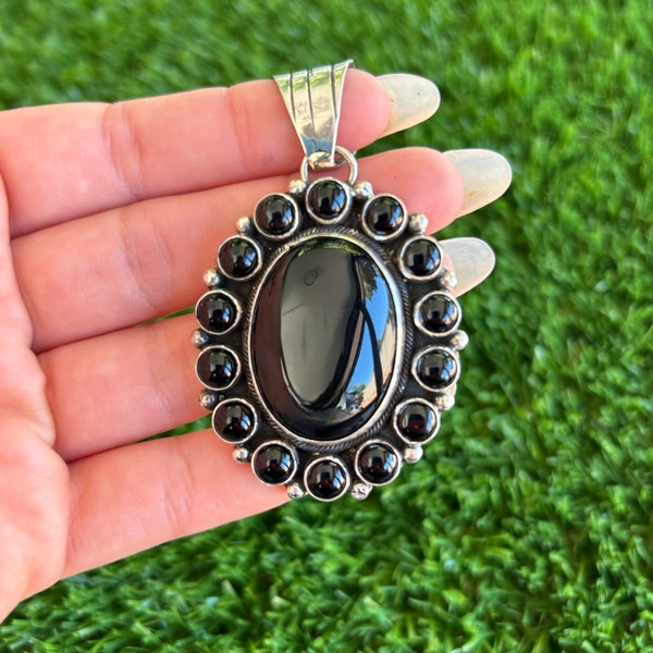 Black Onyx Sterling Silver Cluster Pendant Handmade by Navajo Linda Yazzie