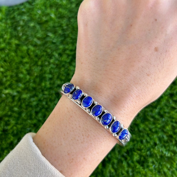 Lapis Lazuli 7-Stone Row Stacker Cuff Handmade by Navajo Linda Yazzie