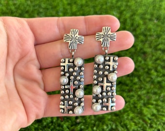 Freshwater Pearl Drop & Cross Sterling Earrings Handmade Navajo Geneva Apachito