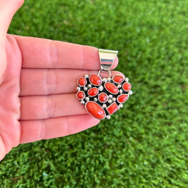 SM Italian Coral Cluster Heart Silver Pendant Handmade by Navajo Geneva Apachito