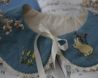 Hand-Embroidered collar ~ rabbit and flowers