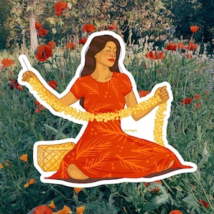 May include: A die-cut sticker illustration of a person with long brown hair wearing a short-sleeved orange dress with a leaf pattern. The person is sitting and holding a long yellow flower lei with a needle, next to a woven basket.