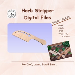 May include: Digital files for a wooden herb stripper tool. The tool is shaped like a knife with a handle and a serrated edge. The files are compatible with CNC, laser, and scroll saw machines. The image also shows the tool being used to strip herbs.