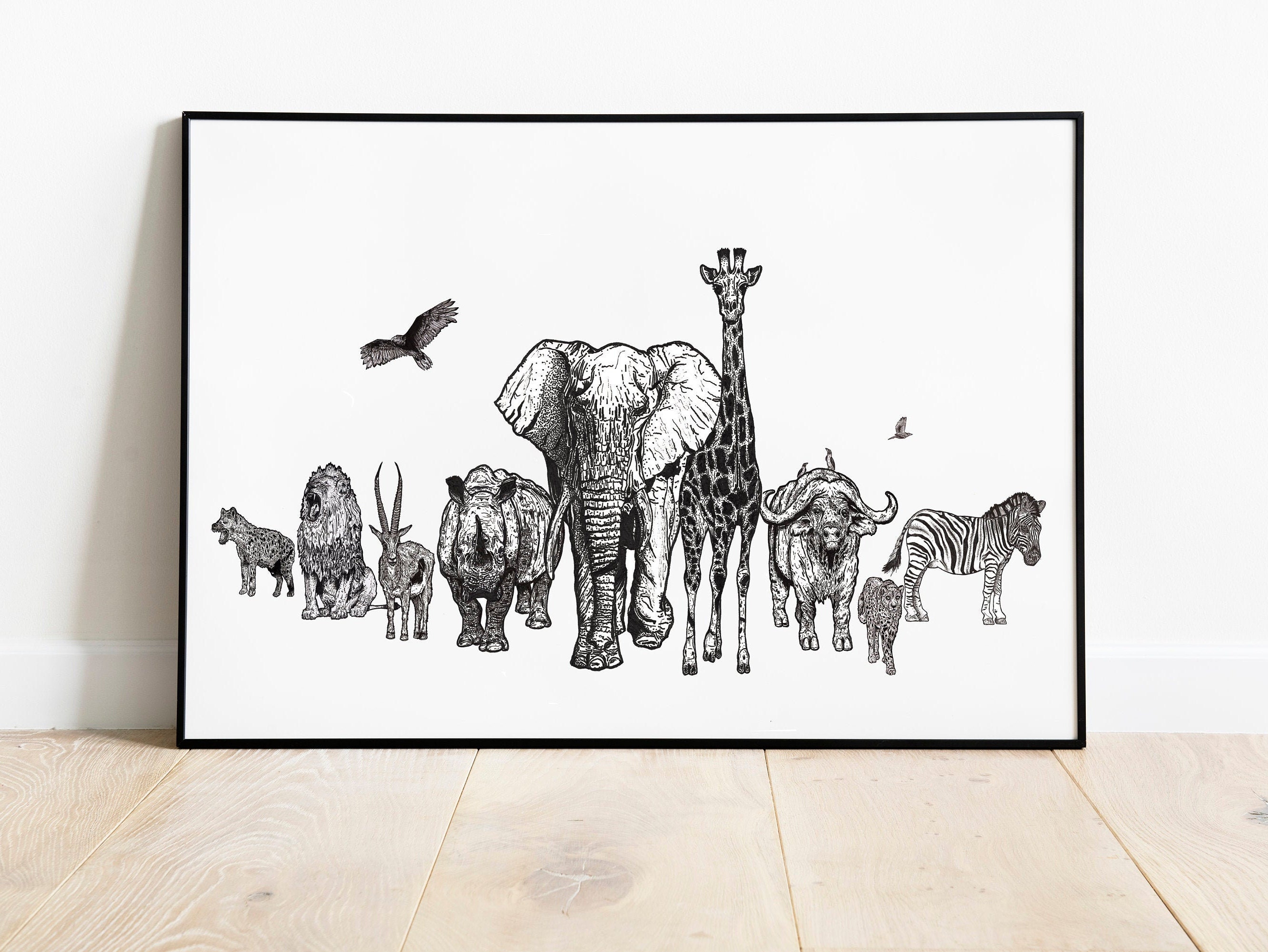 African Animal Art Print Horizontal Black & White UK Etsy
