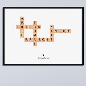 Personalized Family Name Sign, Crossword Scrabble Print, Personalize Birthday Gift For Her, Anniversary Gift For Wife, Christmas Gift
