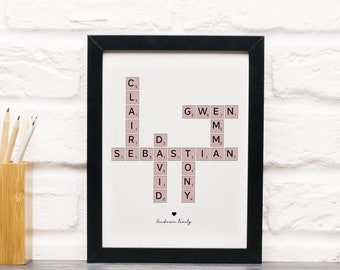 Family Crossword Scrabble Print, Custom Family Letter Tile Print, Personalized Anniversary Gift For Husband, Christmas Gift For Wife