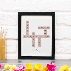 Family Crossword Scrabble Print, Custom Family Letter Tile Print, Personalized Anniversary Gift For Husband, Christmas Gift For Wife