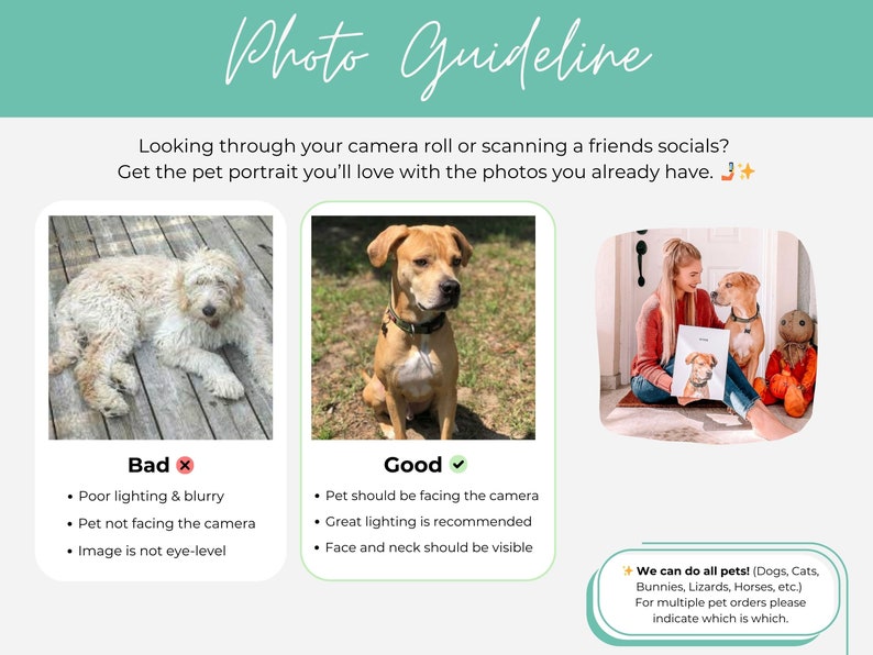 May include: A photo guide for taking good pictures of pets for custom portraits. The guide shows a blurry photo of a dog with poor lighting as an example of a bad photo. A well-lit photo of a dog looking at the camera is shown as an example of a good photo. The text says "We can do all pets! (Dogs, Cats, Bunnies, Lizards, Horses, etc.) For multiple pet orders please indicate which is which."